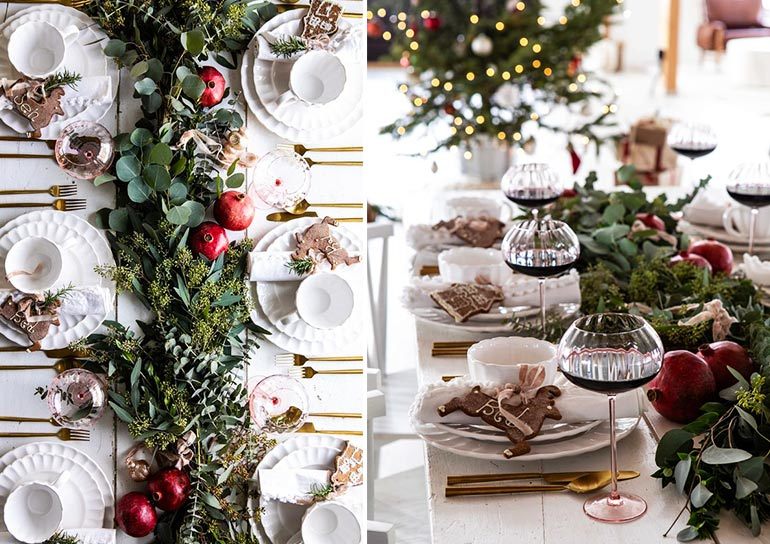Addobbare la tavola di Natale con eucalipto e melograna